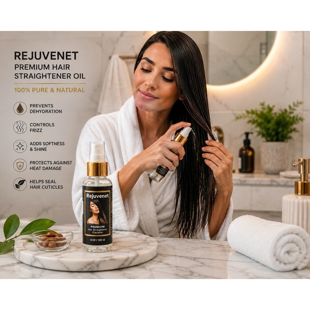 Rejuvenet Premium Hair Straightener Oil 4 oz Argan & Macadamia Anti Frizz